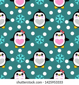 seamless pattern with cute cartoon penguin and snow design on blue background