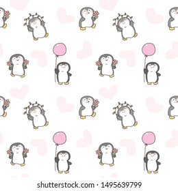 Seamless Pattern of Cute Cartoon Penguin with Flower and Balloon Design on White Background with Pink Hearts