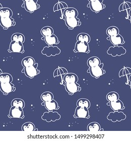 Seamless Pattern of Cute Cartoon Penguin Doodle Design on Dark Blue Background