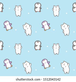 Seamless Pattern of Cute Cartoon Penguin and White Bear Design on Blue Background