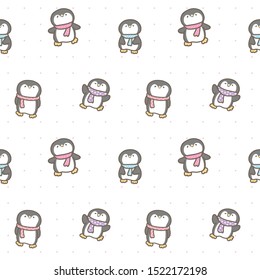 Seamless Pattern of Cute Cartoon Penguin Design on White Background with Pink Dots