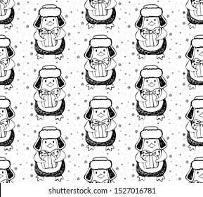 Seamless pattern cute cartoon penguin in winter hat holding gift. Winter background on Christmas and New year theme. Drawn black and white art line in vector. Doodle