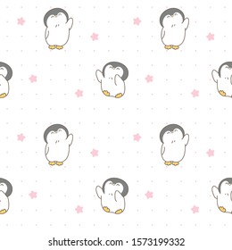 Seamless Pattern of Cute Cartoon Penguin Design on White Background with Pink Dots and Stars