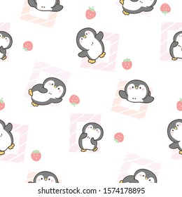 Seamless Pattern with Cute Cartoon Penguin Design on White Background with Pastel Square and Strawberry