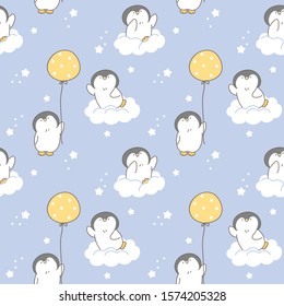 Seamless Pattern of Cute Cartoon Penguin with Balloon, Cloud and Star Design on Blue Background