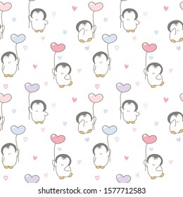 Seamless Pattern of Cute Cartoon Penguin with Balloon Design on White Background with Pastel Hearts