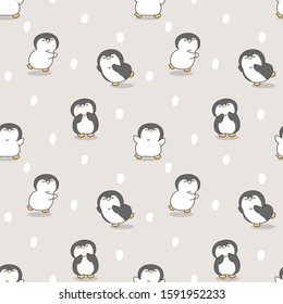 Seamless Pattern of Cute Cartoon Penguin Design on Light Grey Background