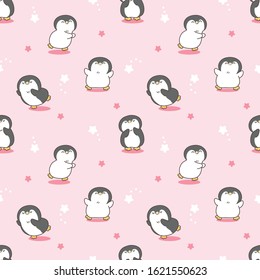 Seamless Pattern of Cute Cartoon Penguin Design on Pink Background with Stars