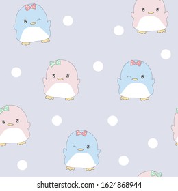 Seamless Pattern of Cute Cartoon Penguin Design on Pastel Green Background with White Dots