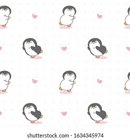 Seamless Pattern of Cute Cartoon Penguin and Heart Design on White Background with Pink Dots