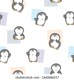 Seamless Pattern of Cute Cartoon Penguin with Pastel Square Design on White Background