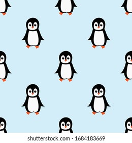 Seamless pattern with cute cartoon penguin. Vector illustration.