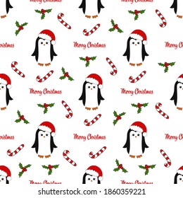 Seamless pattern with cute cartoon penguin. Vector illustration.	
