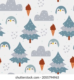 Seamless pattern with cute cartoon penguin and winter for fabric print, textile, gift wrapping paper. colorful vector for textile, flat style
