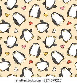 Seamless Pattern with Cute Cartoon Penguin and Heart Design on Light Yellow Background