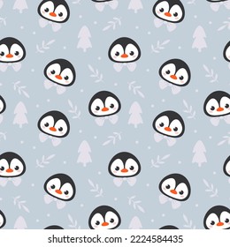 Seamless pattern with cute cartoon penguin head and christmas tree on gray background. Vector illustration of a character in a minimalistic flat style, hand drawn. Print for textiles