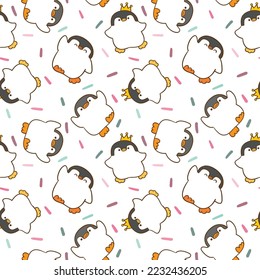 Seamless Pattern with Cute Cartoon Penguin Design on White Background