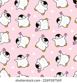 Seamless Pattern with Cute Cartoon Penguin and Heart Design on Pink Background