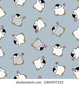 Seamless Pattern of Cute Cartoon Penguin with Heart Design on Grey Background