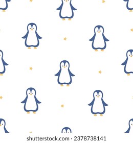 Patrón sin foco de lindos pingüinos de dibujos animados y estrellas. Fondo de pantalla de fondo para niños con un extraño animal ártico.