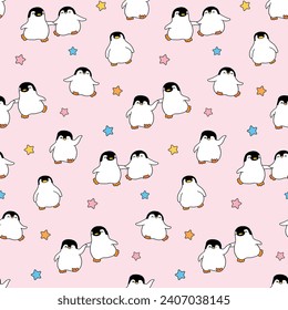 Seamless Pattern of Cute Cartoon Penguin and Star Design on Pink Background