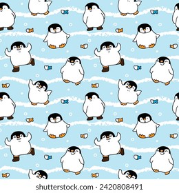 Seamless Pattern of Cute Cartoon Penguin Dancing on Light Blue Background with White Wavy Lines