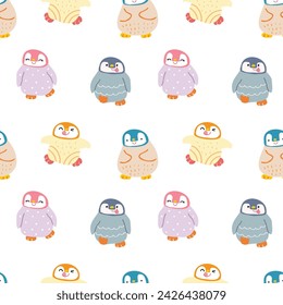 Seamless Pattern of Cute Cartoon Penguin Design on White Background