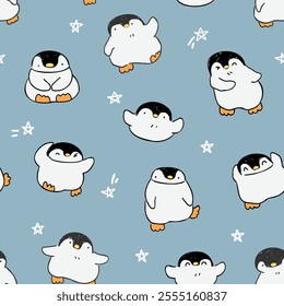 Seamless Pattern with Cute Cartoon Penguin and Star Design on Blue Grey Background. Hand Drawn Vector Illustration. Not AI Generated.