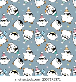 Seamless Pattern with Cute Cartoon Penguin Design on Grey Background. Hand Drawn Vector Illustration. Not AI Generated.