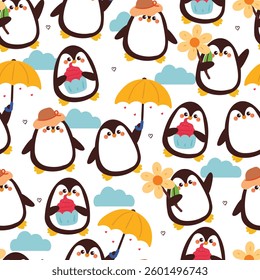 seamless pattern cute cartoon penguin with cute stuff and sky element. animal pattern for wallpaper, background and gift wrap paper