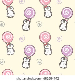 Seamless Pattern of Cute Cartoon Penguin and Balloon Design on Pale Yellow Background
