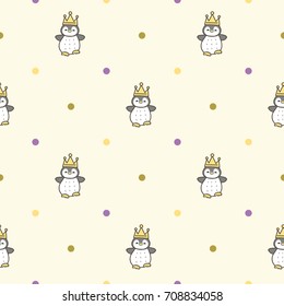 Seamless Pattern of Cute Cartoon Penguin and Dot Design on Pastel Yellow Background