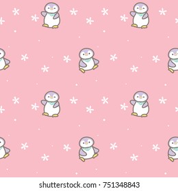 Seamless Pattern of Cute Cartoon Penguin Design on Pink Background with Flowers