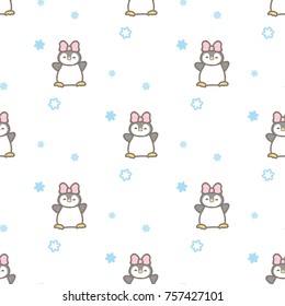 Seamless Pattern of Cute Cartoon Penguin Design on White Background