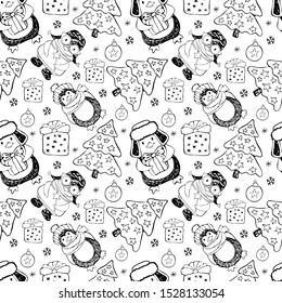 Seamless pattern cute cartoon penguins around the Christmas tree with gifts. Winter background on Christmas and New year theme. Drawn black and white art line in vector. Doodle