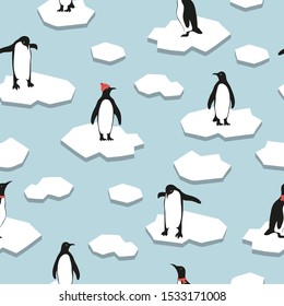 Seamless pattern with cute cartoon penguins on ice. Christmas vector illustration.