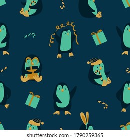 Seamless pattern with cute cartoon penguins on dark blue background. Funny Chrismas print. Vector illustration.
