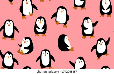 Seamless pattern with cute cartoon penguins on pink background. Vector illustration.