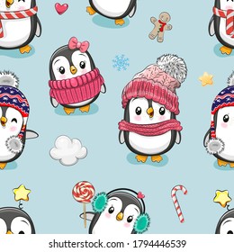 Seamless Pattern with cute cartoon penguins