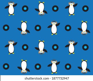 Seamless pattern with cute cartoon  penguins on a blue background with vinyl records. Vector illustration.