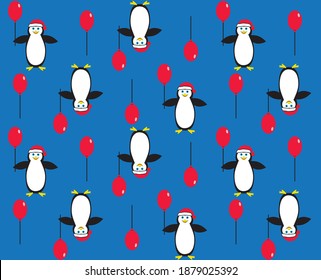 Seamless pattern with cute cartoon penguins on a blue background with balloons. Vector illustration.
