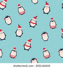 Seamless pattern with cute cartoon penguins