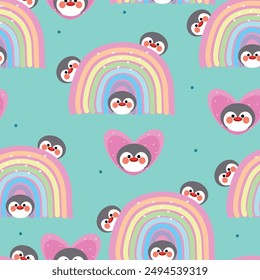 Seamless pattern with cute cartoon penguins and colorful rainbows, for fabric prints, textiles, gift wrapping paper. children's colorful vector, flat style