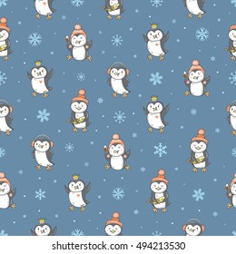 Seamless pattern with cute cartoon penguins and fishes on blue background. Winter time. White snowflakes. Funny animals. Antarctic birds. Vector contour image. Children's illustration.