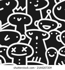 Seamless pattern with cute cartoon people on black background. Funny little mens wallpaper. Vector doodle characters print.