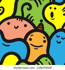 Seamless pattern with cute cartoon people on colorful background. Funny little creatures wallpaper. Vector doodle characters print.