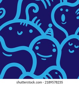 Seamless pattern with cute cartoon people on blue background. Funny little creatures wallpaper. Vector doodle characters print.