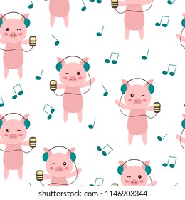 Seamless pattern cute cartoon pig listen to music. Background for kids. Funny cartoon character. Vector illustration