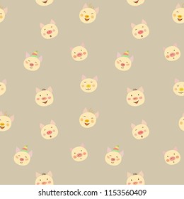 Seamless pattern with cute cartoon pig faces.  Modern design for fabric and paper, surface textures, new year postcard, poster print. Symbol of the year in the Chinese calendar.