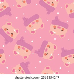 Seamless pattern with cute cartoon pig wearing scarf, for fabric prints, textiles, gift wrapping paper. children's colorful vector, flat style